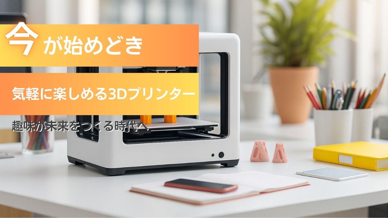 デスク上に置かれたコンパクトな3Dプリンターと明るい室内環境