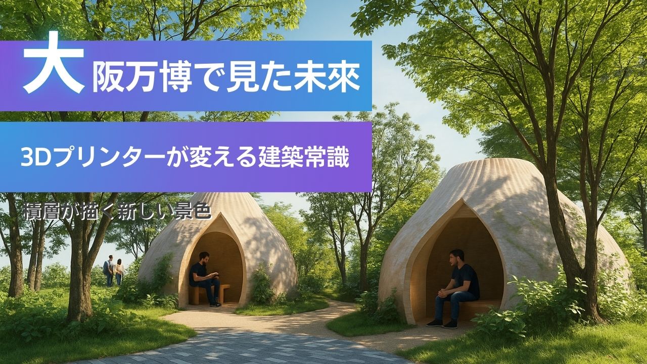 3Dプリンターで建設された万博会場内の先端建築物。緑に囲まれた未来的なトイレ施設が描かれている。