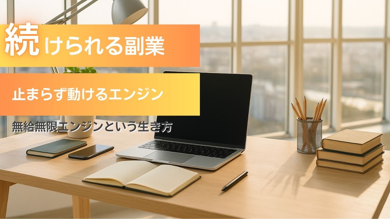 ノートパソコンが並ぶ窓際のデスク。副業や在宅ワークを連想させる静かな作業環境。