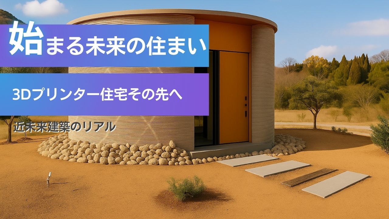 熊本県山鹿市にあるLib Workの3Dプリンター住宅モデルハウス。未来の住まいを提案する円筒型の建築物が青空の下に立っている。